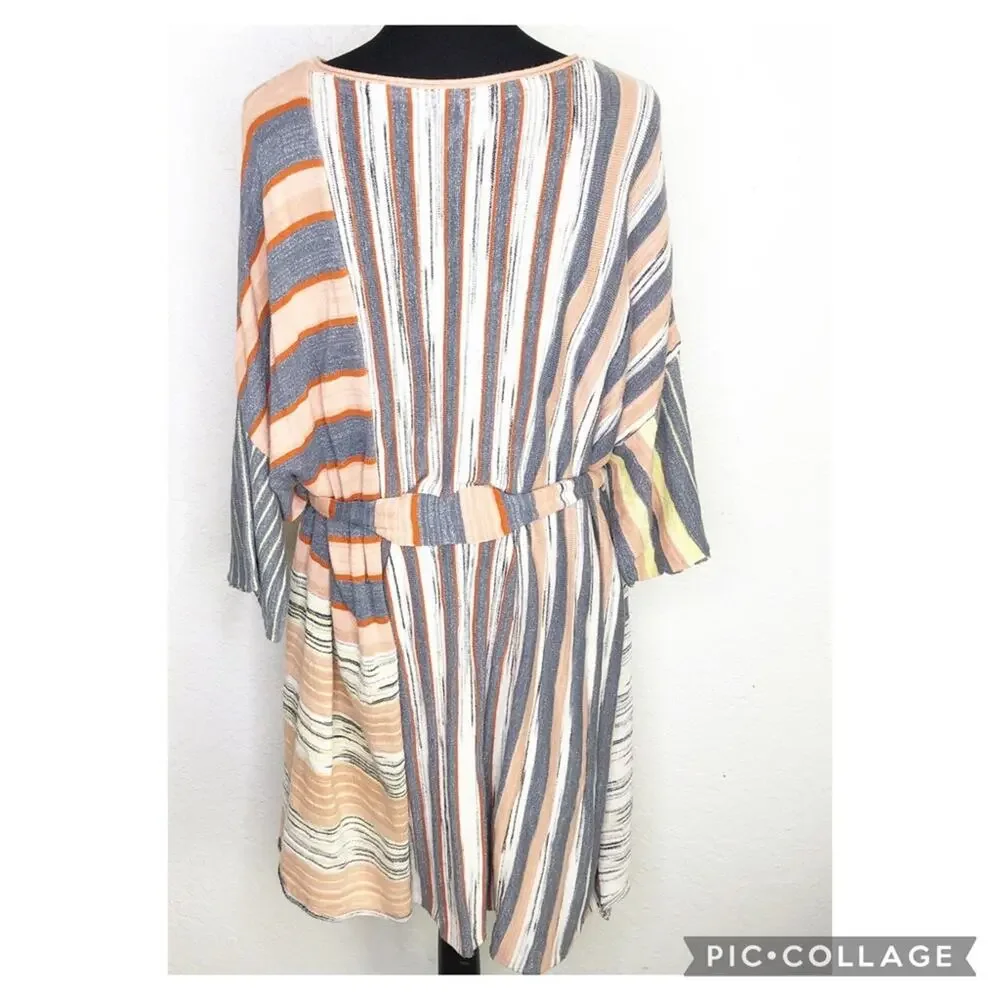 Free People Horizon‎ white blue orange mixed stripe belted knit dress size Small